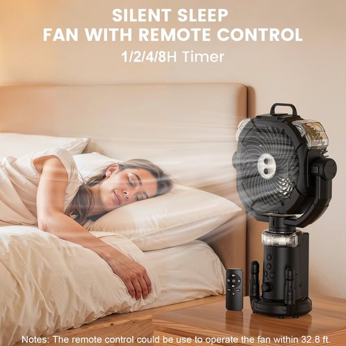 Camping Fan Rechargeable 330ml Portable Misting Fan 20000mah Battery Powered With Led Light Height Adjustable Remote Hook Oscillating Floor Outdoor Fans For Camping Patios, 2 Spray Mister, Black