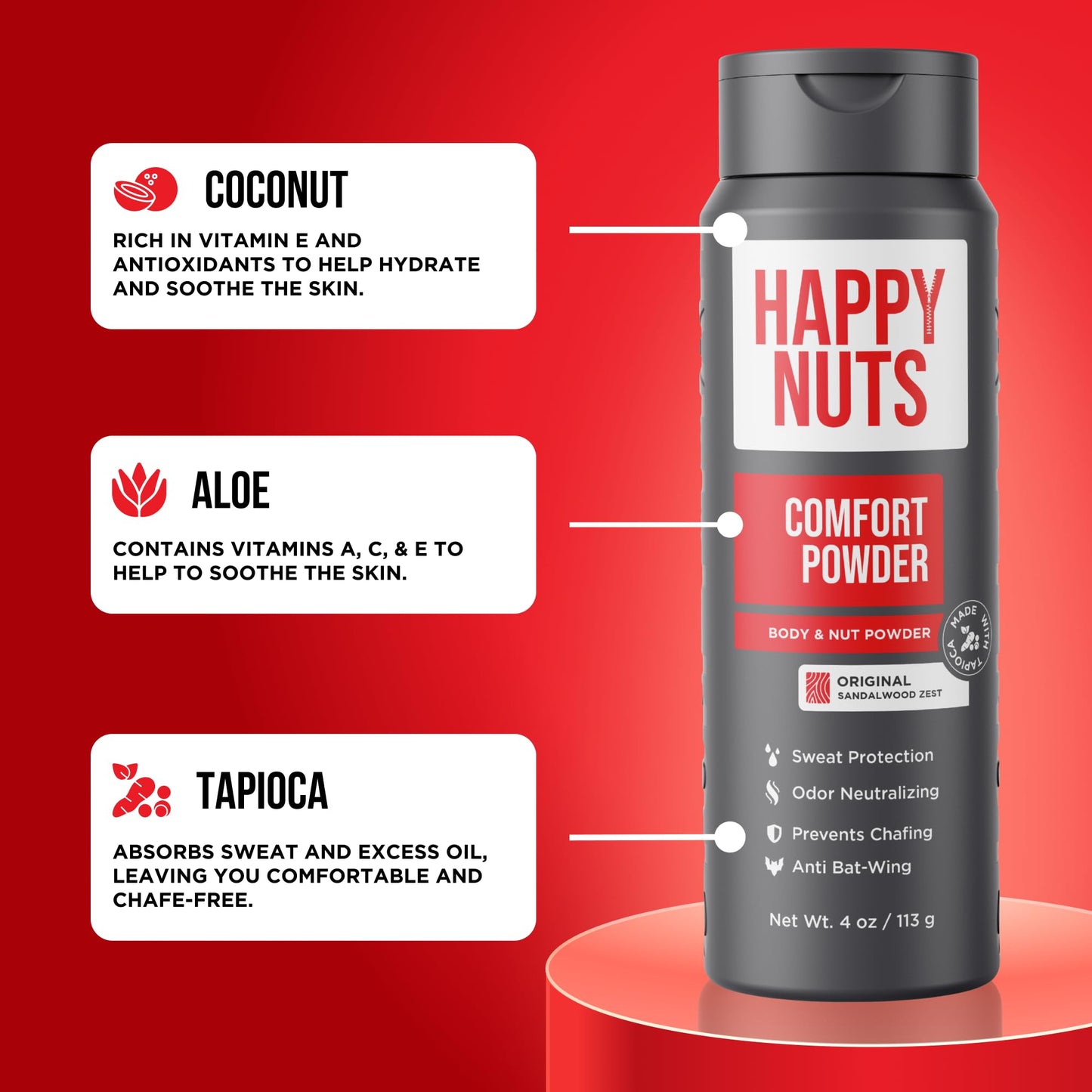 HAPPY NUTS Comfort Powder Deodorant For Men: Anti-Chafing, Sweat and Odor Control for Jock Itch, Aluminum-Free, Ultimate Gift for Men's Private Parts 4 oz (1 Pack), Original Scent