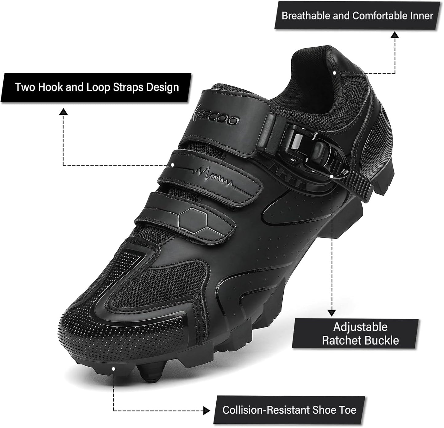 KESCOO Mens Mountain Bike Shoes with 2-Bolts SPD Cleats Included, Cycling Shoes with Quick Ratchet Buckle Indoor Outdoor Riding Biking