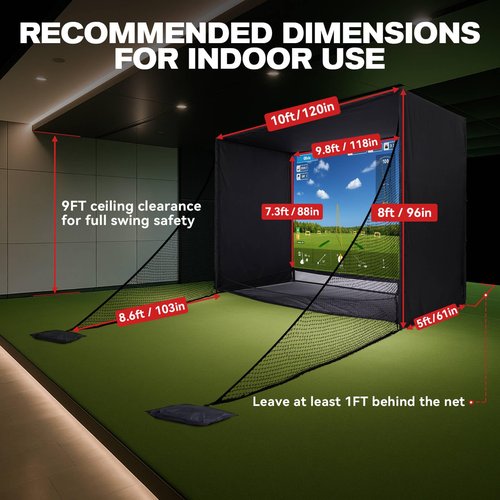 ZEALFEEL Golf Simulator Enclosure, 10x8FT Golf Net with HD Impact Screen & Side Barriers – Dual-Layer Impact Screen, Foam-Padded Frame, Indoor Cage Net for Home Garage Studio