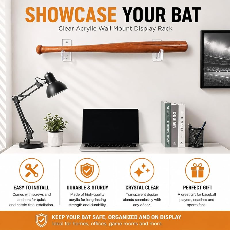 Acrylic Black Baseball Bat Display Box Wall Mount - Includes 2 Units, Easy Install