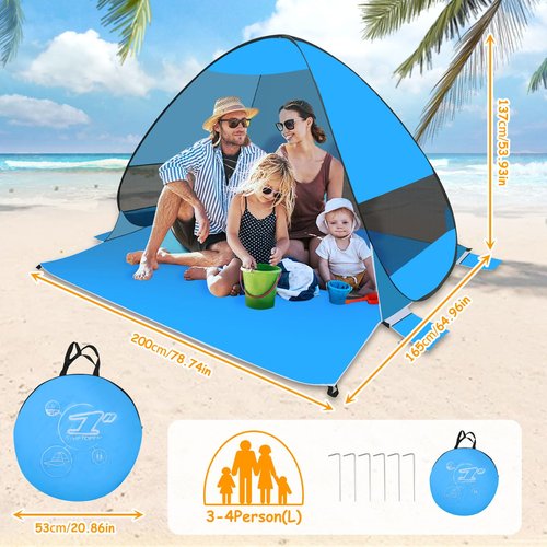Beach Tent Sun Shelter, Outdoor Tent for 1-4 Persons, Beach Tent Easy Pop Up, with Carrying Bag and 6 Ground Pegs for Family Outdoor Adventures, Camping, Picnics (Blue)