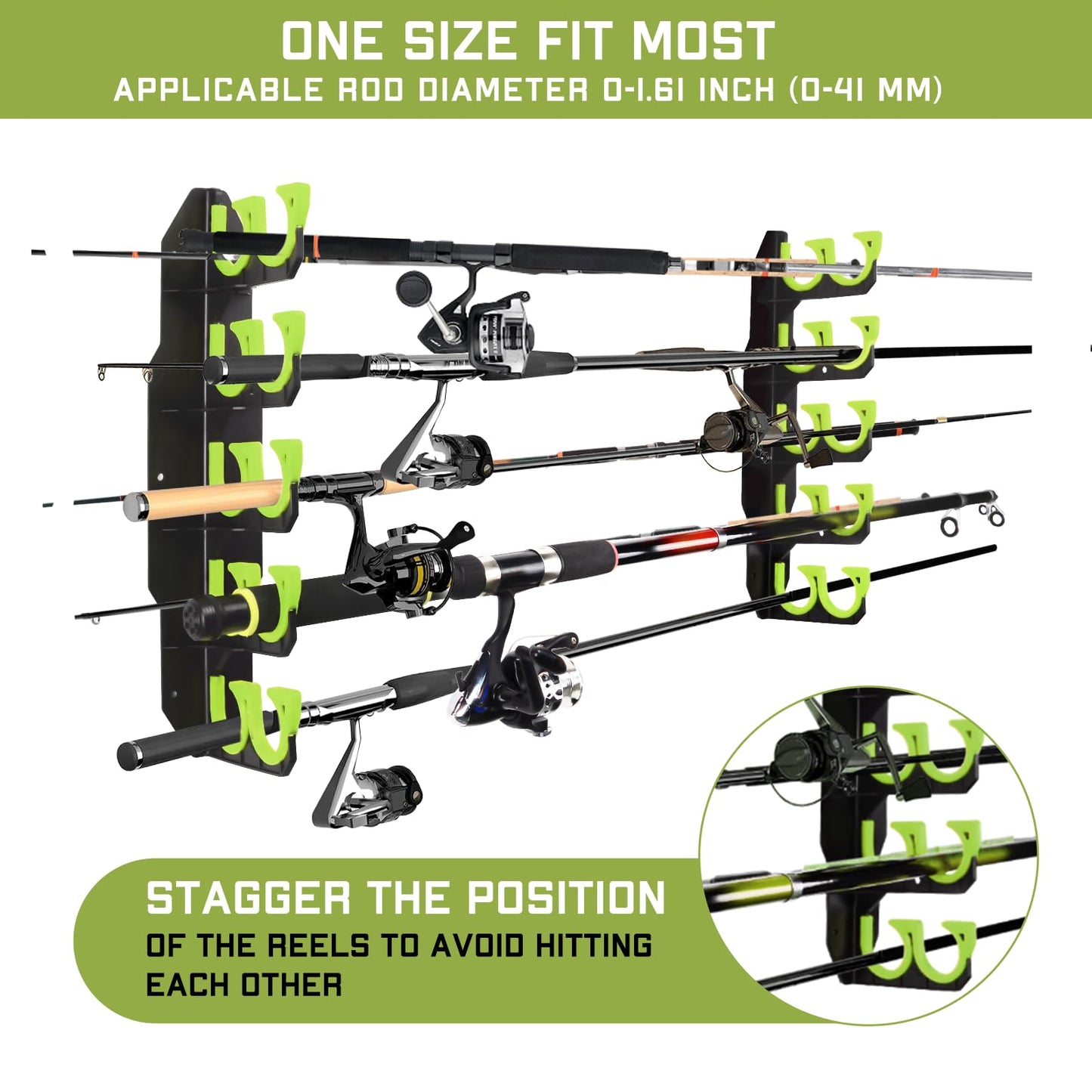 Hikeen Fishing Rod Holders, Fishing Pole Holders for Garage, Wall or Ceiling Mounted Fishing Rod Rack Holds Up to 10 Rods（1 Pack）