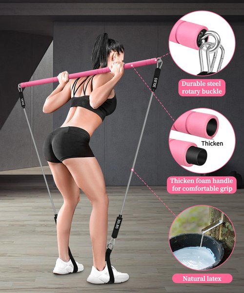 Multifunctional Portable Stackable Pilates Bar Kit with Resistance Bands, Door Anchor for Resistance Bands-Home Gym Equipment with Handles - Pilates Flexbands Supports Full-Body Workouts for Yoga Pink
