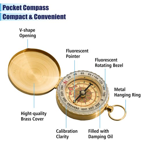 Rovella One Pack Camping Survival Compass, Metal Brass Pocket Compass with Keychain, Glow in The Dark Survival Gear for Hiking Camping Hunting Navigation