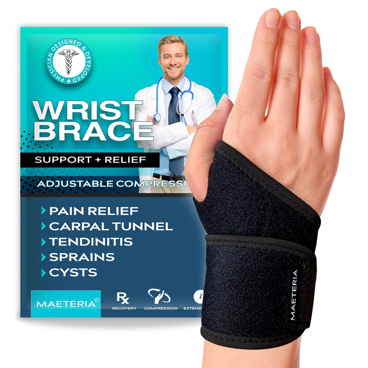 Maeteria Wrist Brace – Adjustable Compression Support for Carpal Tunnel, Arthritis, Tendonitis, Sprains & RSI – Fits Left & Right Hand – Breathable Wrist Support for Men & Women