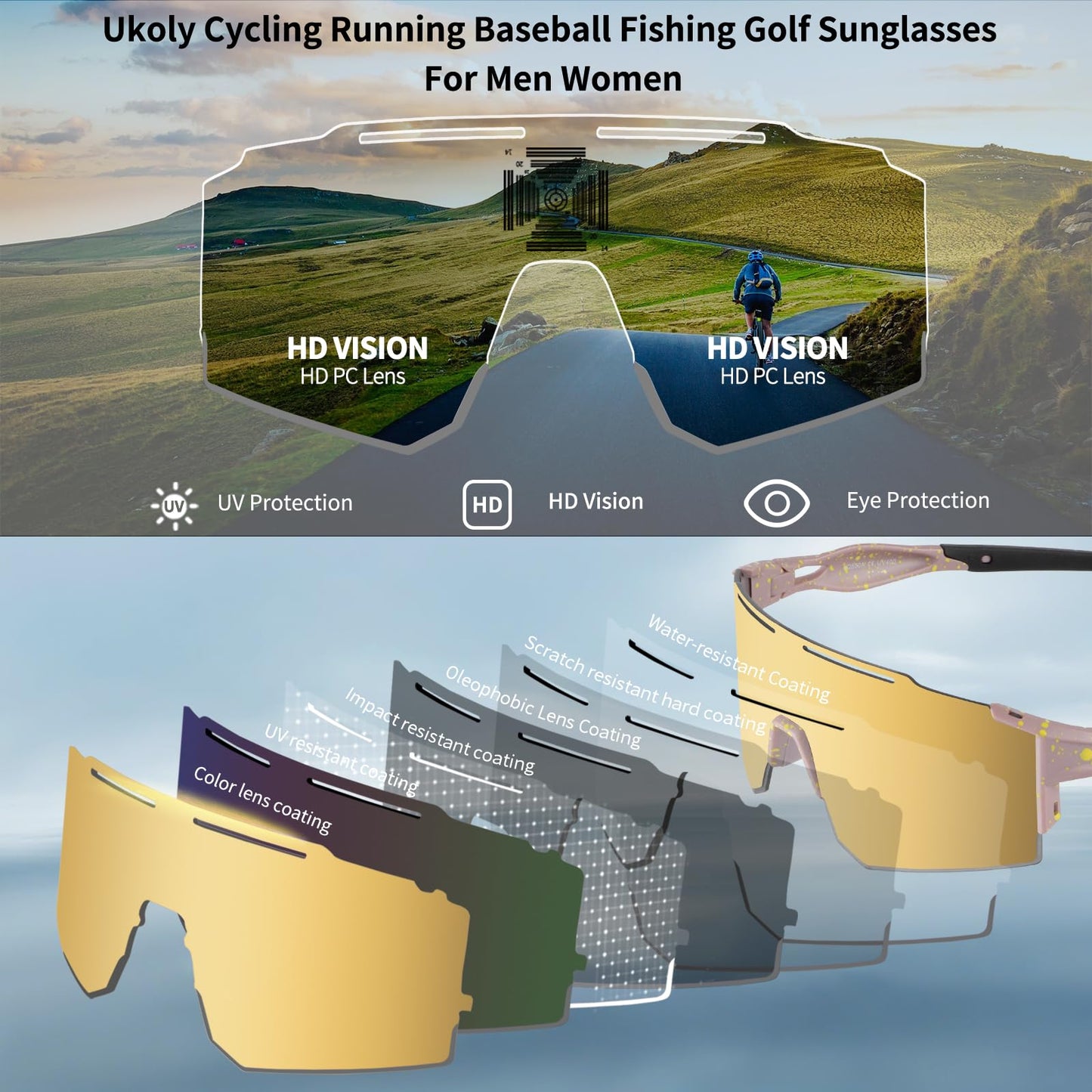 Ukoly Cycling Sunglasses for Men Women with Interchangeable nosepad, Polarized Sports Sunglasses, Baseball Sun glasses 550A XGP