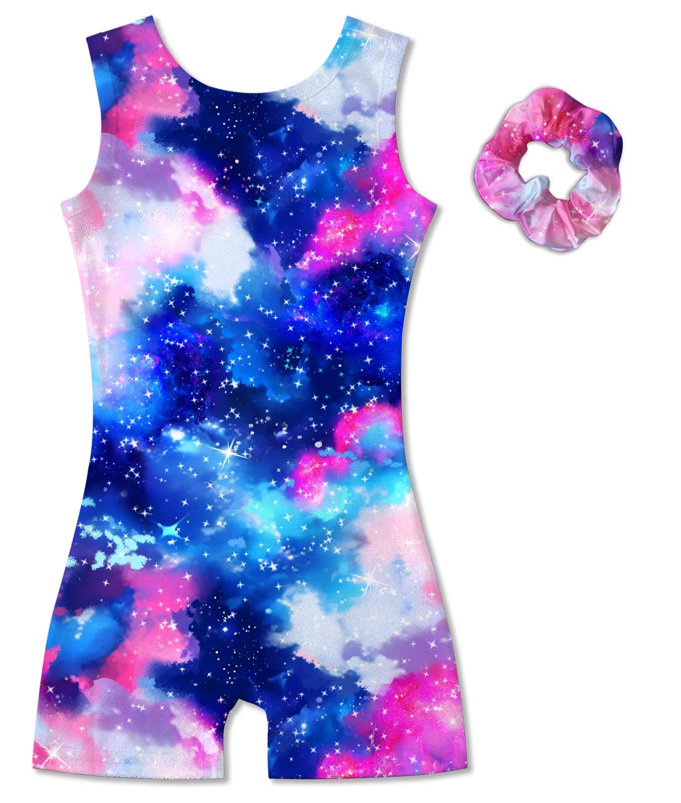 Vogseek Sparkly Gymnastics Leotards for Girls 6 7 Years Cute Galaxy Shiny Ballet Dance Unitards Biketards with Hair Scrunchie Kids Tumbling Shorts Activewear Clothes, Rainbow Stars