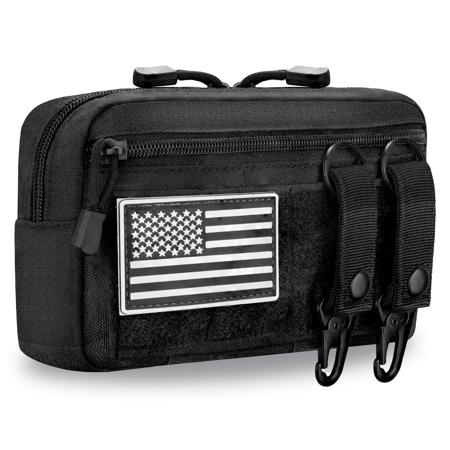 Tactical Molle Admin Pouch with 2 Keychains & US Flag Patch - Laser Cut EDC Modular Pouch for Outdoor, Survival, Daily Carry (Black)