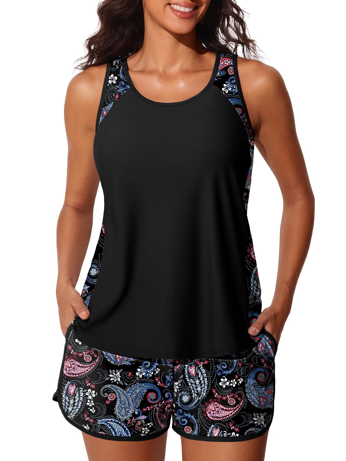 Summer Mae Plus Size Tankini Swimsuits for Women 2026 Tummy Control Two Piece Bathing Suits with Pockets Swim Shorts Black Paisley Size 20 Plus