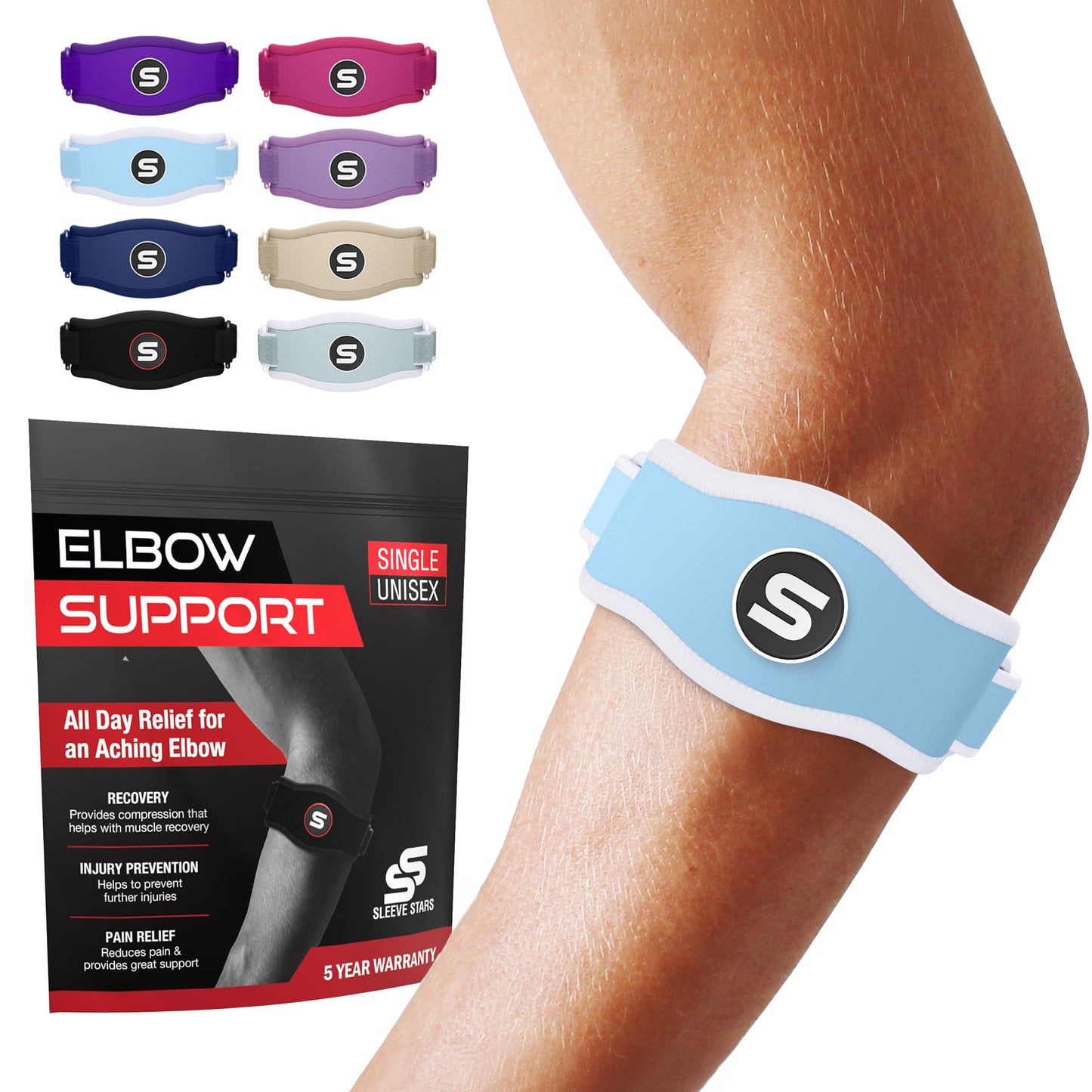 Sleeve Stars Tennis Elbow Brace for Men & Women, Elbow Brace for Tendonitis, Tennis Elbow Strap, Golfers Elbow Brace, Elbow Support Wrap for Tennis Elbow Relief, Fits 9"-23" (Pair/Light Blue)