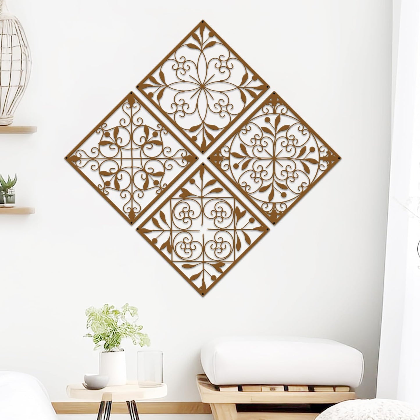 Resama 4 Pieces Rustic Wall Decor Farmhouse Wall Decor for Living Room Metal Hollow Carved Design Metal Decorative for Home Bedroom Kitchen Office (Brownish Orange,Square)