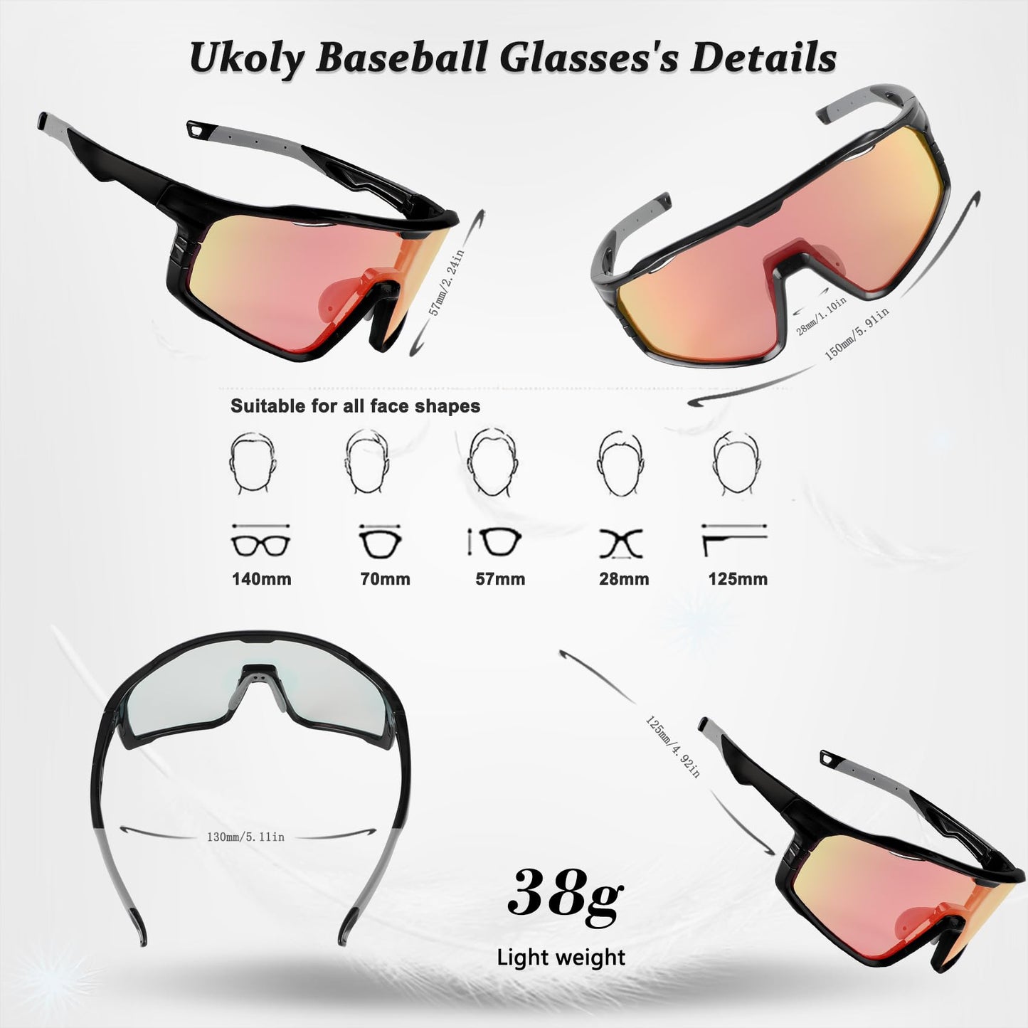 Ukoly Photochromic Cycling Glasses For Men Women, Sports Sunglasses For Baseball Running Cycling HD Lens UV400 Protection 628 (HD Photochromic Red)