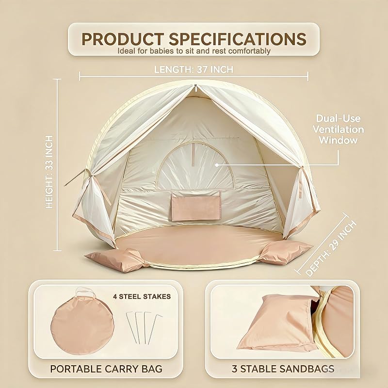 Pop Up Baby Beach Tent with UPF 50+ Sun Shield - Variation: Warm Sand