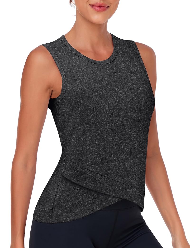 LURANEE Women's Crossover Hem Crop Tank Top - Black Large, Workout Yoga Activewear
