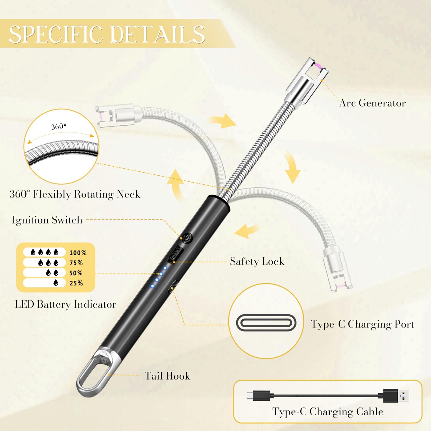 Electric Lighter, Candle Lighter Flameless Windproof with 360° Flexible Neck & LED Power Display, Type C Arc Rechargeable Lighters for BBQ, Camping, Cooking, Gift for Christmas, Thanksgiving, Birthday
