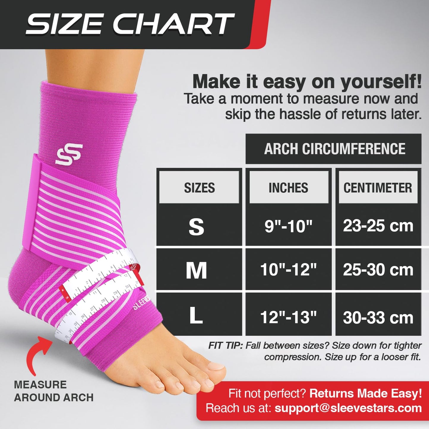 Sleeve Stars Ankle Brace for Women & Men, Ankle Wrap for Sprained Ankle, Compression Sleeve for Plantar Fasciitis Relief, Easy Customizable Support: w/Removable Strap (Single/S:9"-10"/Hot Pink)