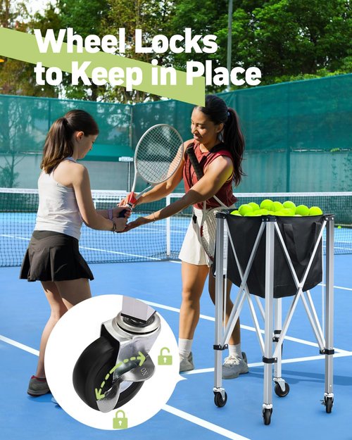 YooKoo Tennis Ball Hopper for 150 Balls, Tennis Ball Basket for Serve Training, Foldable Tennis Ball Cart with Storage Bag, Portable Pickleball Baseball Hopper Basket