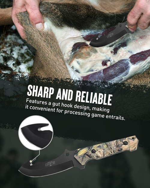 Mossy Oak Fixed Blade Hunting Knife Set - 2 Piece, Full Tang Handle Straight Edge and Gut Hook Blades Game Processing Knife, Sheath Included - Yellow Camo