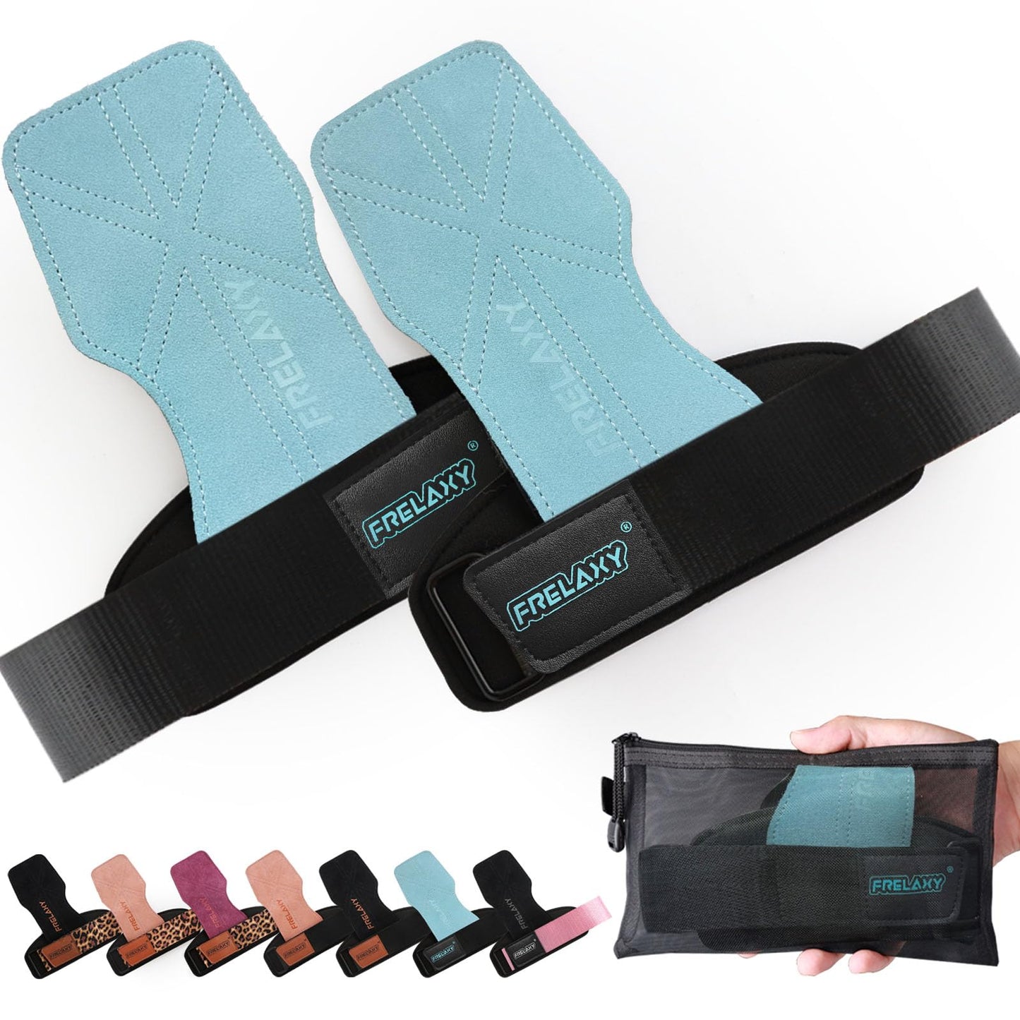 Frelaxy Lifting Wrist Straps Women and Men, Weight Lifting Grips with Cushion Wrist Loop, Double Layer Leather and Storage Pouch, Gym Workout Straps for Deadlift and Powerlifting (Lake Blue)