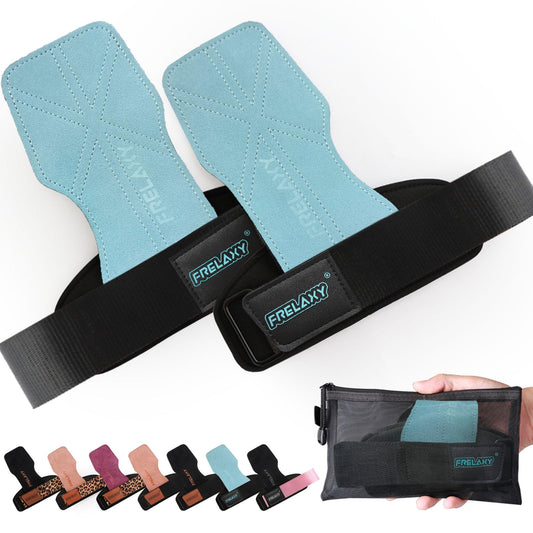 Frelaxy Lifting Wrist Straps Women and Men, Weight Lifting Grips with Cushion Wrist Loop, Double Layer Leather and Storage Pouch, Gym Workout Straps for Deadlift and Powerlifting (Lake Blue)