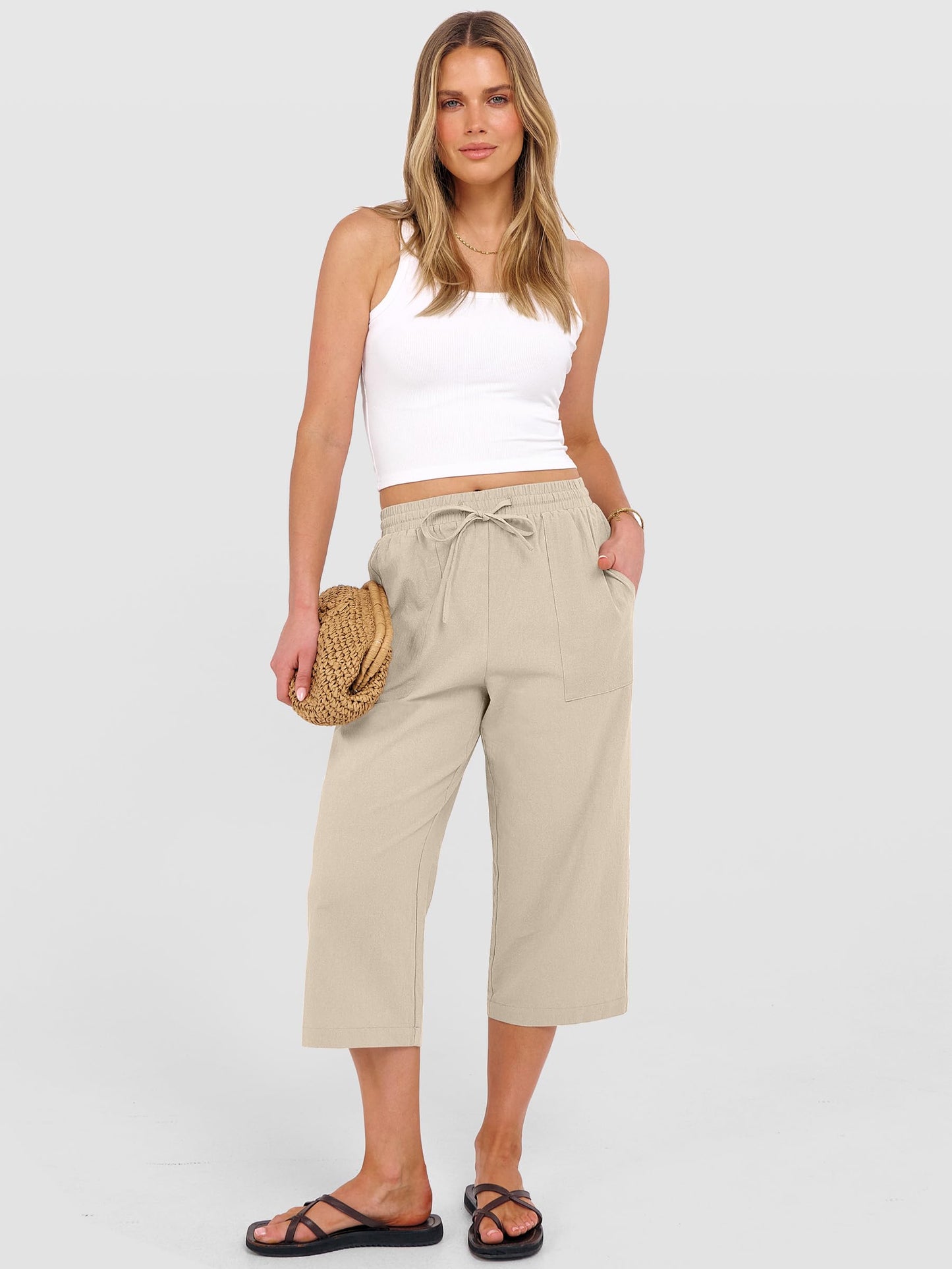 ANRABESS Capris Pants for Women Summer Casual Loose Drawstring Elastic High Waist Straight 2026 Lounge Beach Cropped Trousers Large Light Beige