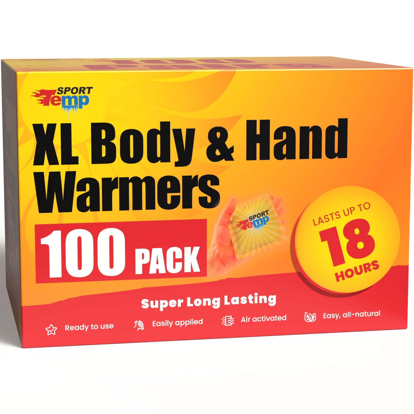 Large Hand & Body Warmers (100 Pack) Up to 18 Hours of Heat, Super Long Lasting - Easy, All Natural - Air Activated, for Body, Hands & Toes - Odorless Hot Hand Warmer - Sport Temp