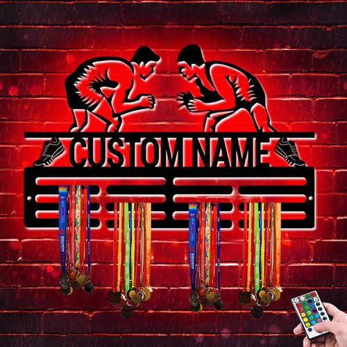 XIAO.Z Personalized Metal Wrestling Medal Hanger Holder Display Rack for Awards Ribbons With Led Light- Custom Sports Medal Holder for Wall,Medal Hanger Display Award Rack With Boy Girl Kid's Name