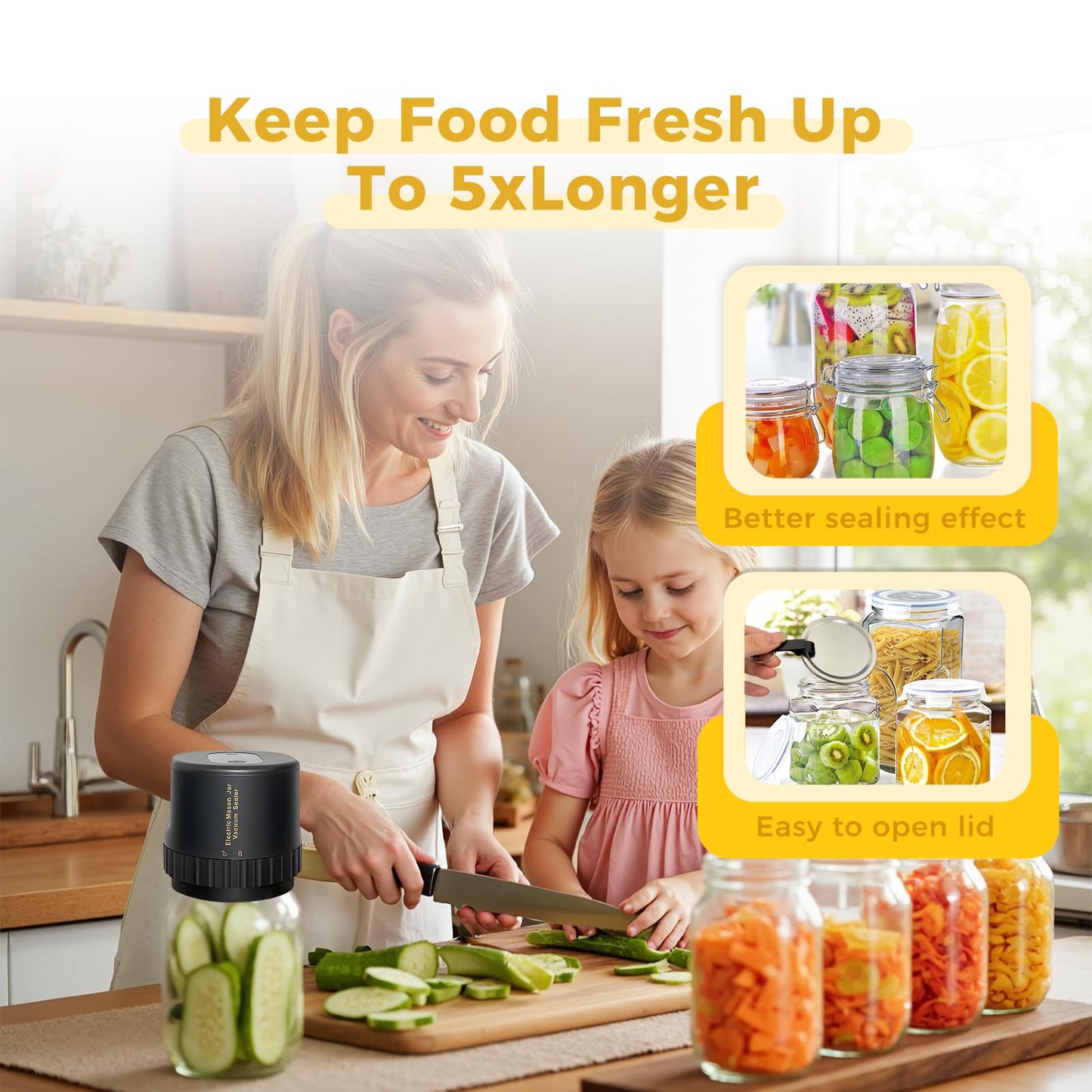 HAPIGO One-Touch Automatic Vacuum Food Sealer Machine for Cans Mason Jars Containers USB Rechargeable Portable Electric Air Sealer for Home Use & Food Preservation Your Kitchen's Best Friend
