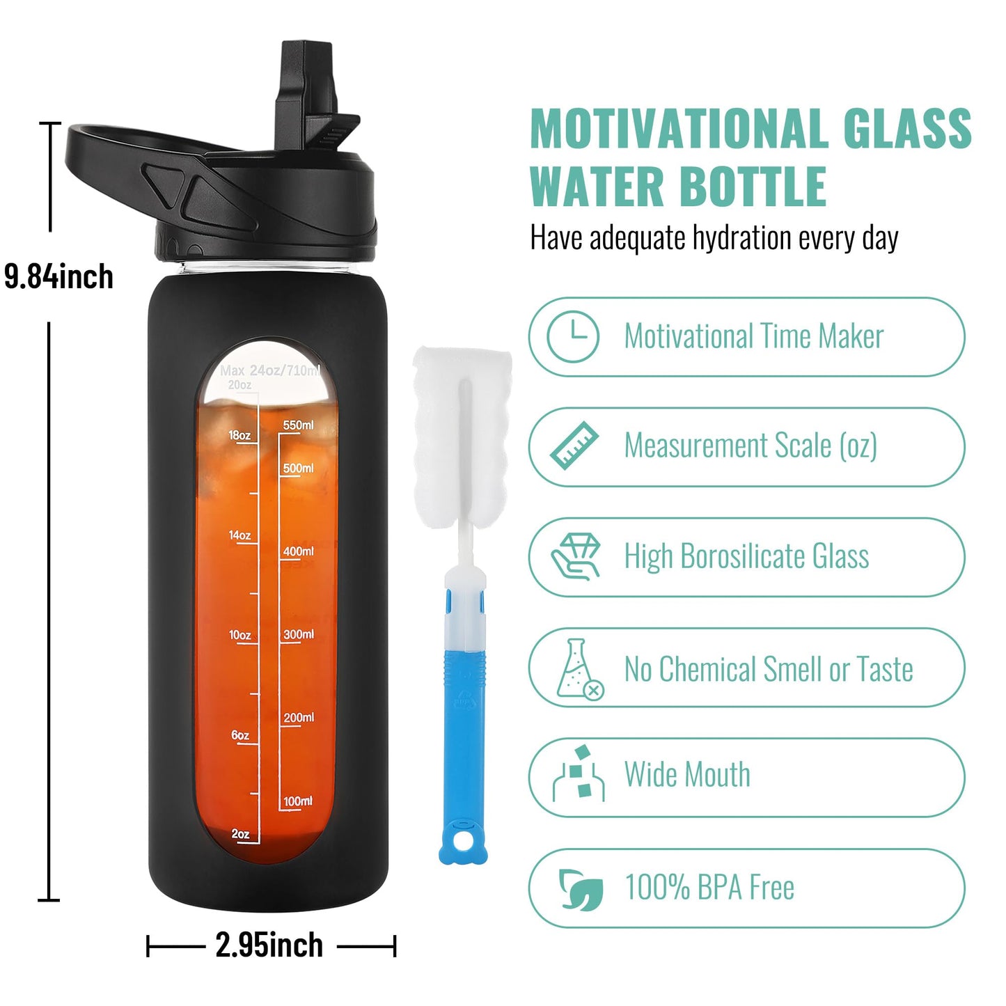 CIVAGO 24 oz Glass Water Bottle with Straw and Handle, Large Sports Motivational Water Bottle Flask with Time Marker and 2 Lids, Leakproof Jug Canteen with Silicone Sleeve for Gym, Black
