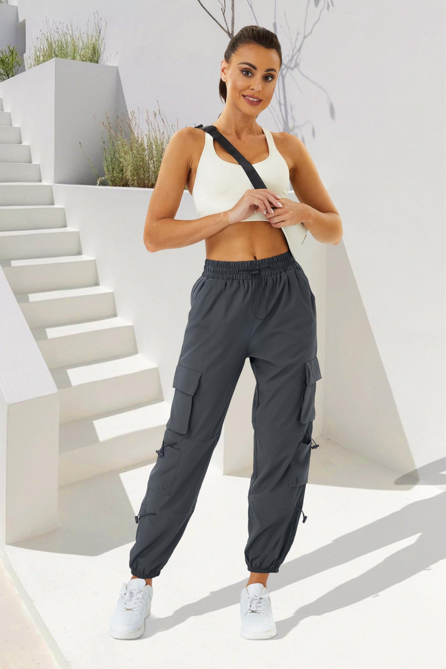 COPYLEAF Womens Parachute Cargo Pants with Pockets Quick Dry Hiking Pants Lightweight Water-Resistant Baggy Joggers(Grey M)