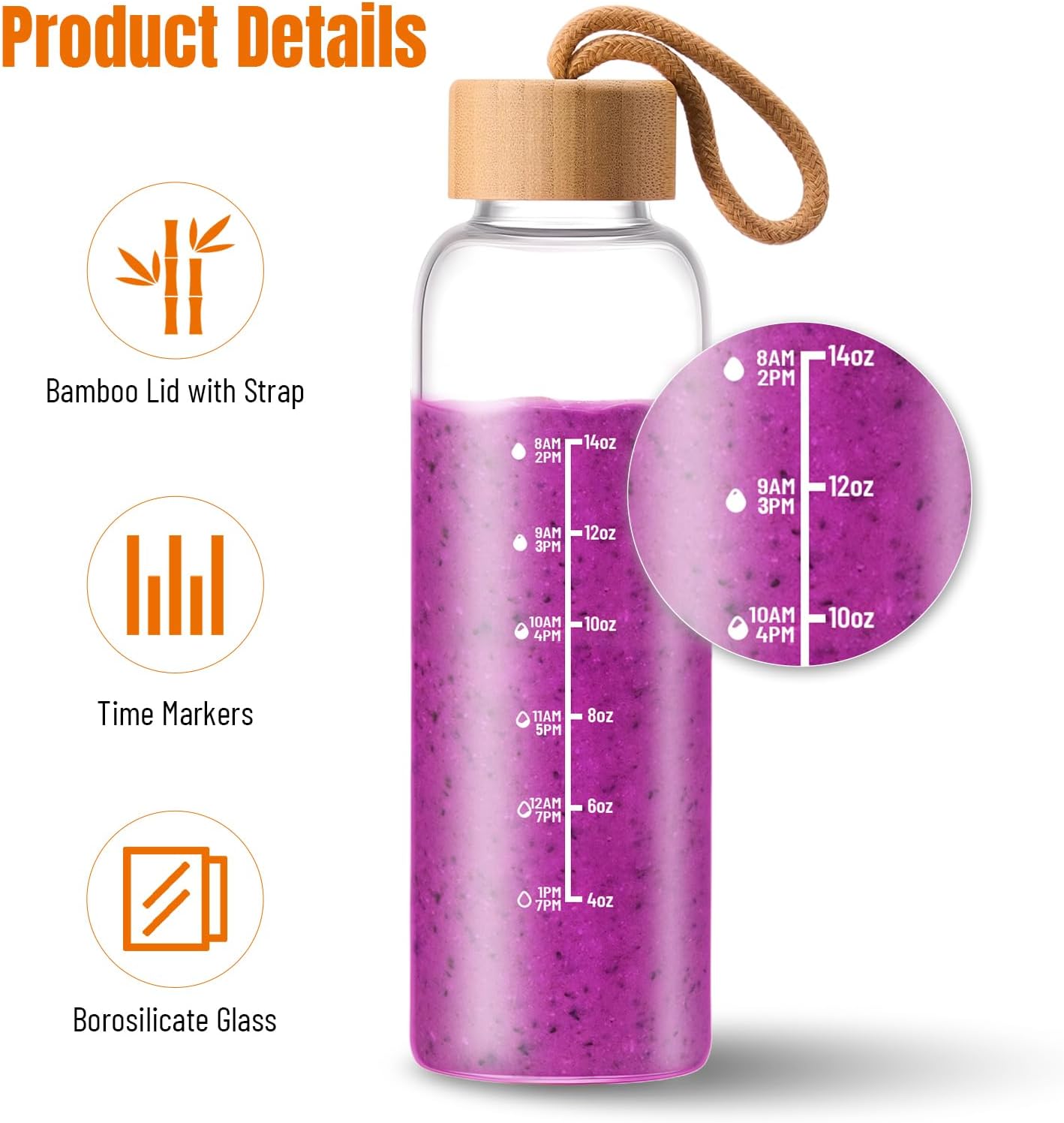 17oz Glass Water Bottles with Time Marker, Glass Bottles with Lid, BPA-Free Reusable Bottle for Gym, Office