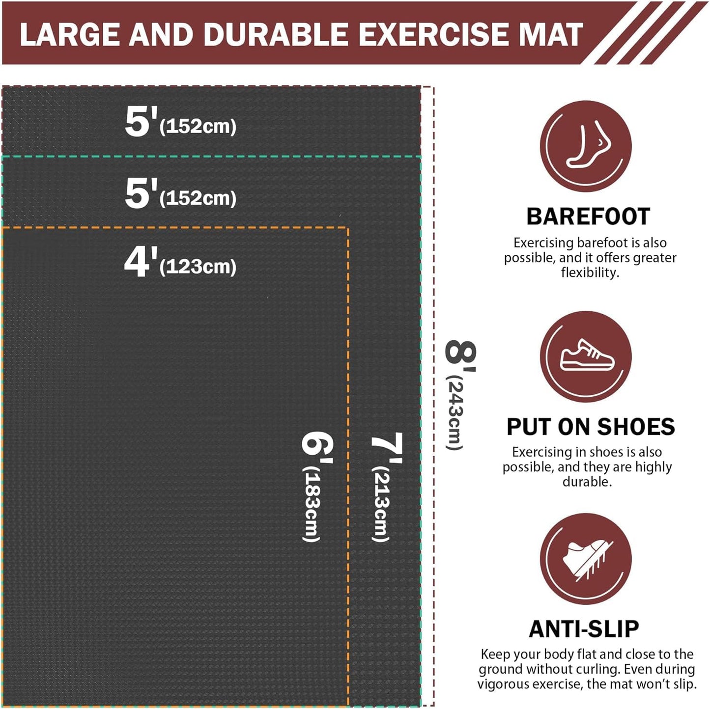 Stepwaver Extra Large Exercise Mat, 6'x4' (6mm) Thick Workout Mat for Home Gym & Garage Flooring, Shoe-Friendly, Non-Slip, Ultra Durable, Thick Large Workout Mats for Home Workouts
