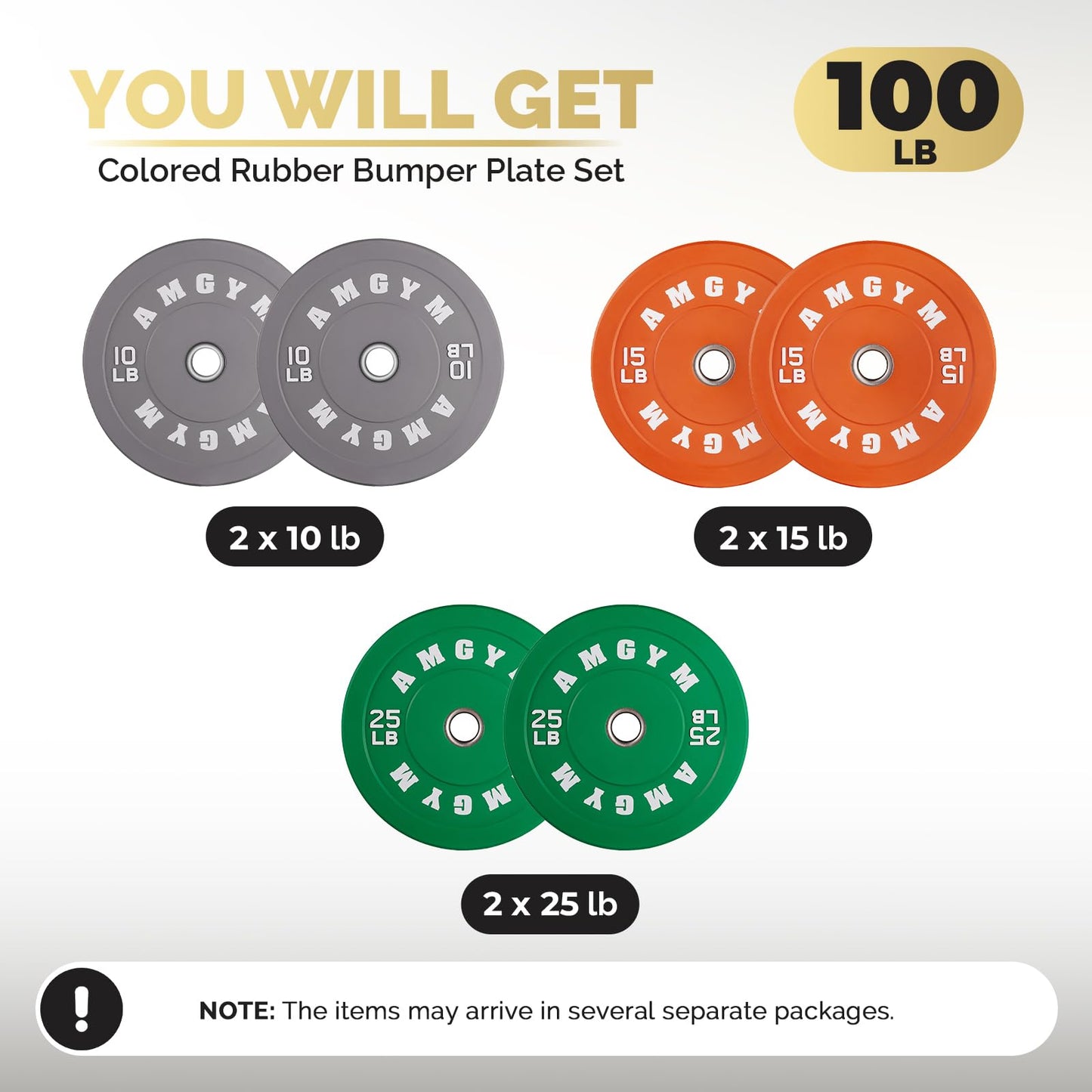 AMGYM Color Olympic Bumper Plate, Weights Plates, Bumper Weight Plate, Steel Insert, Strength Training（100 lb set new）