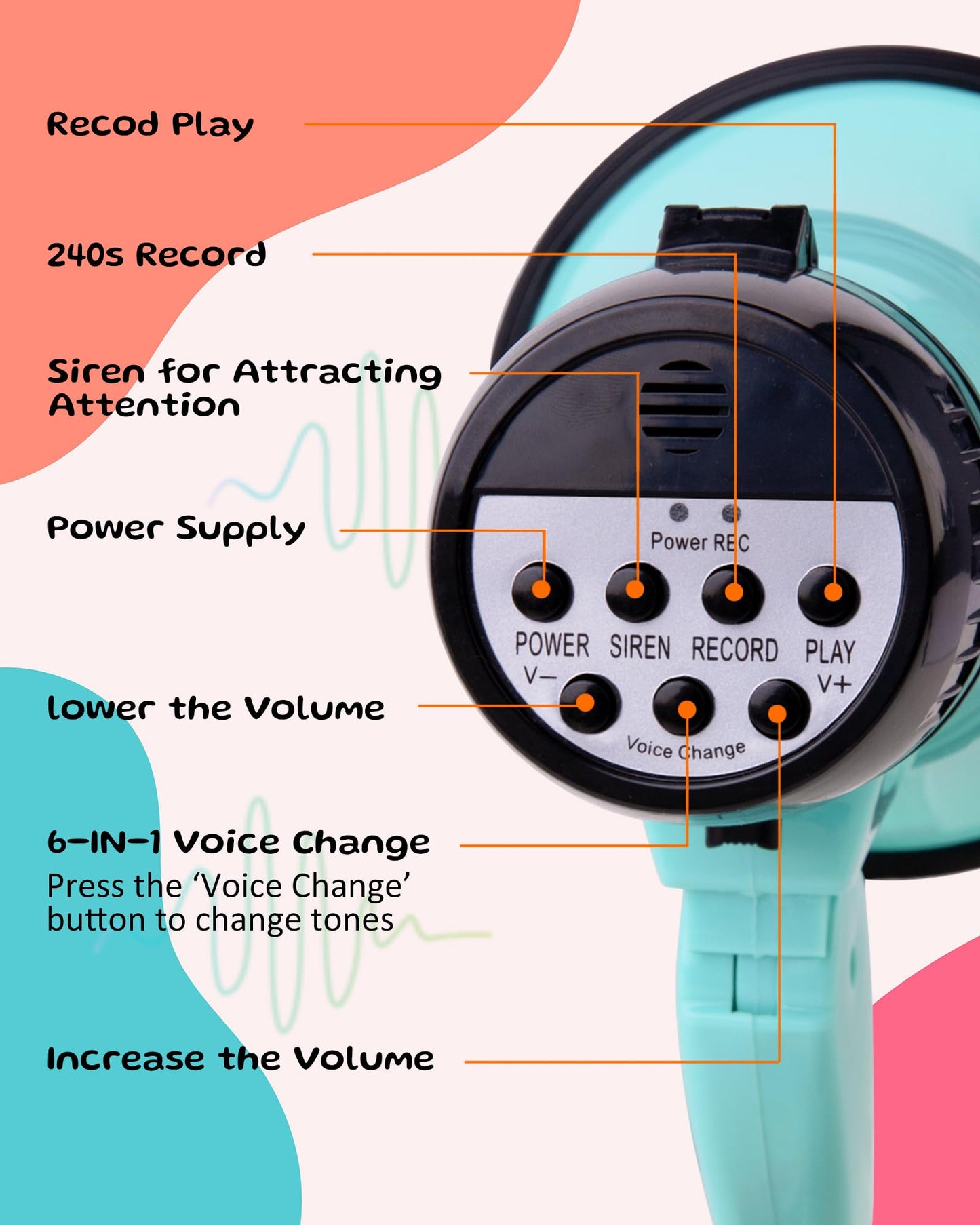 MyMealivos Prank Voice Changer Megaphone with 6 Different Sound Effects Voice Changing Bullhorn for Birthday Party, White Elephant Gift Exchange-Teal