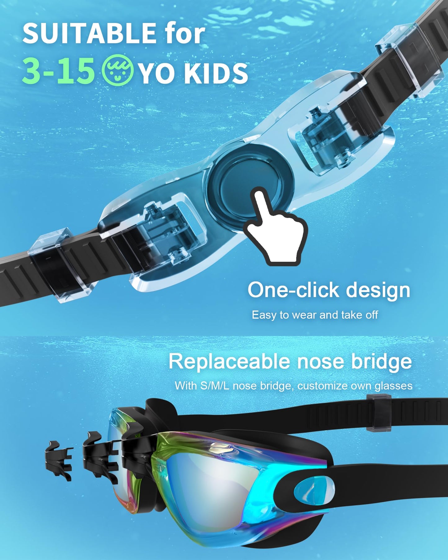 Hurdilen Kids Swim Goggles, Swimming Goggles for Kids with Nose Clip, Earplugs, Nose Bridge for Age 3-15
