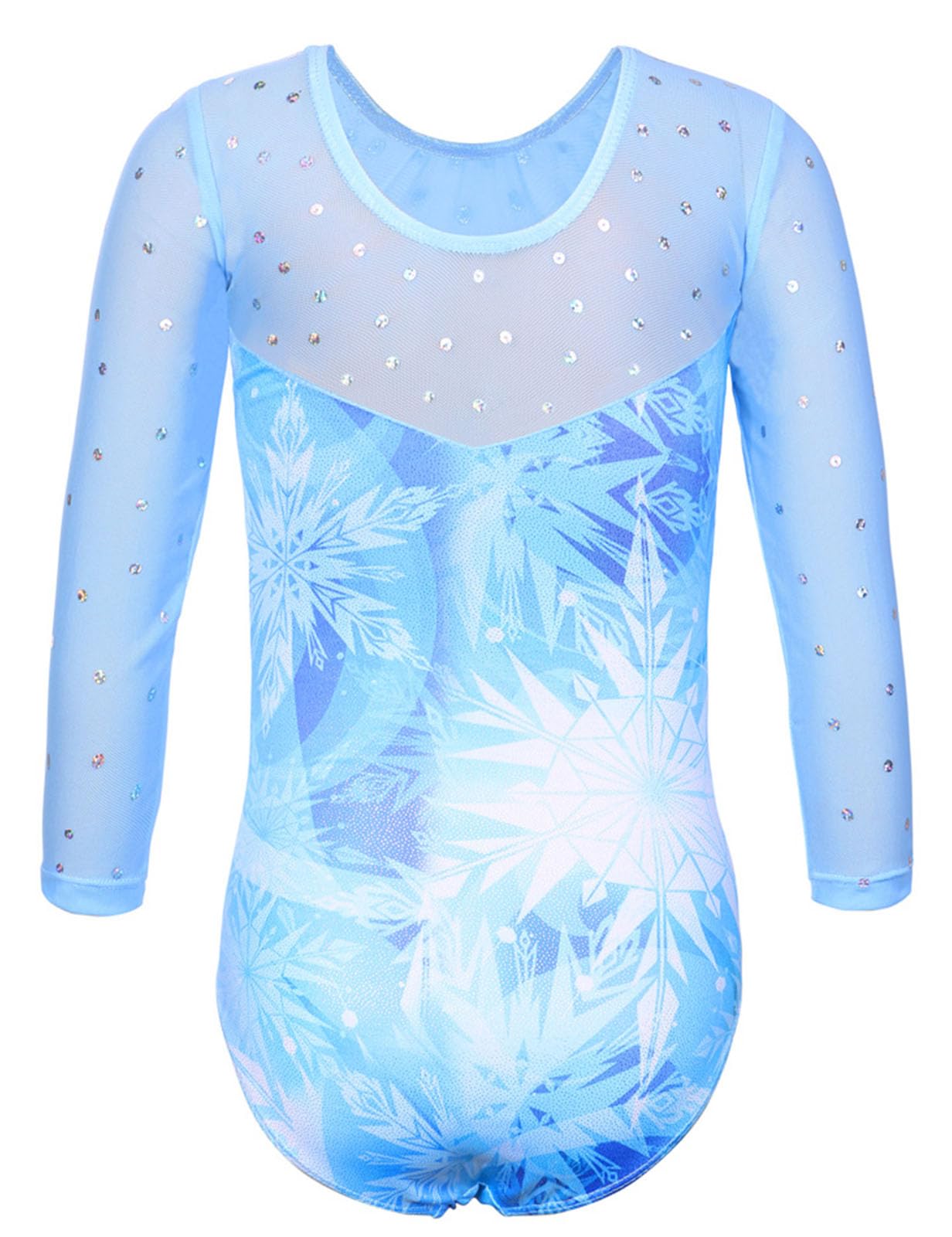TFJH E Girls Gymnastics Leotard 3/4 Sleeve Metallic Sequin Mesh Dance Practice Outfit, Snowflake Blue, Size 3T 4T