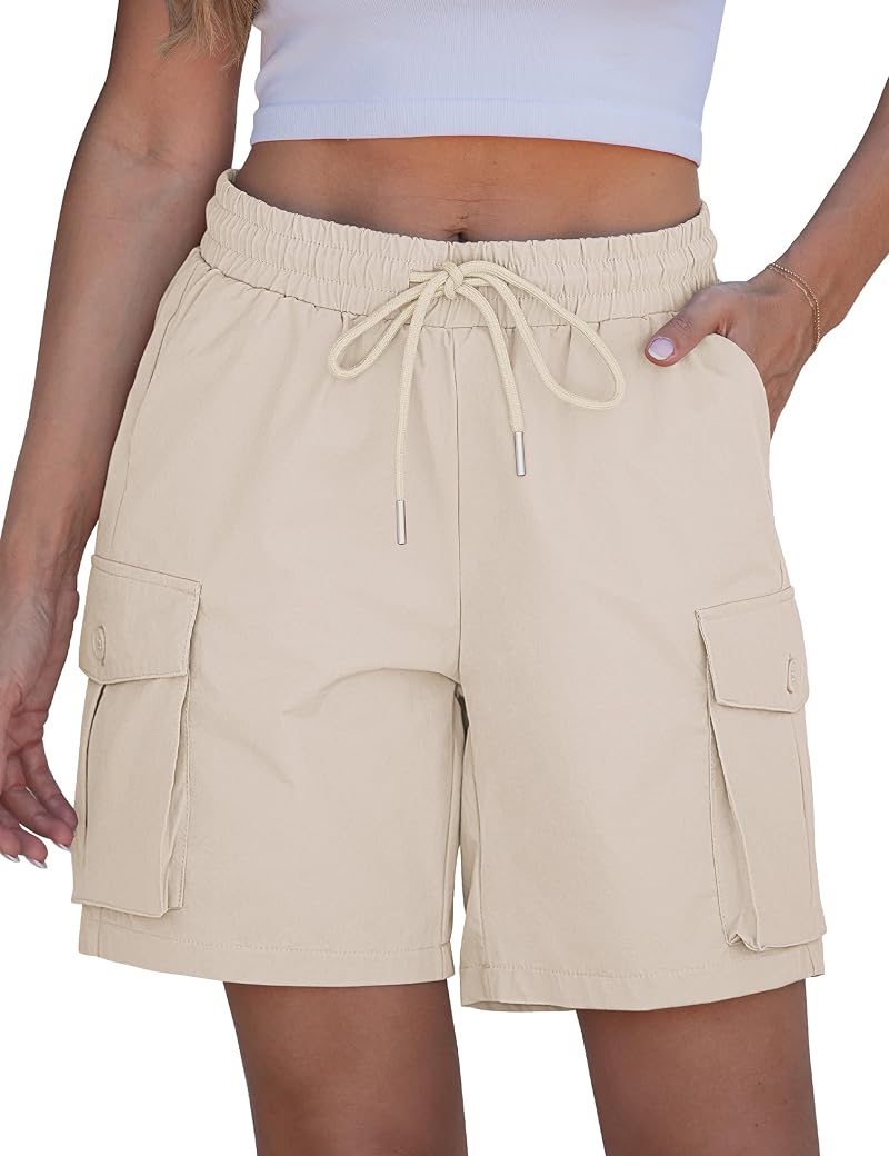 Hiking Shorts for Women High Waisted 7-Inch Inseam Cargo Water-Resistant - luvamia Turtledove Medium