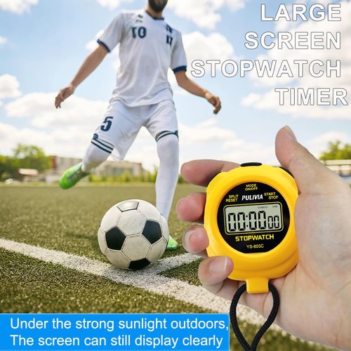 PULIVIA Stopwatch Timer with Countdown, Simple Operation Digital Stop Watch for Sports, Countdown-Alarm Button-Sound Changeable AAA Battery, Yellow
