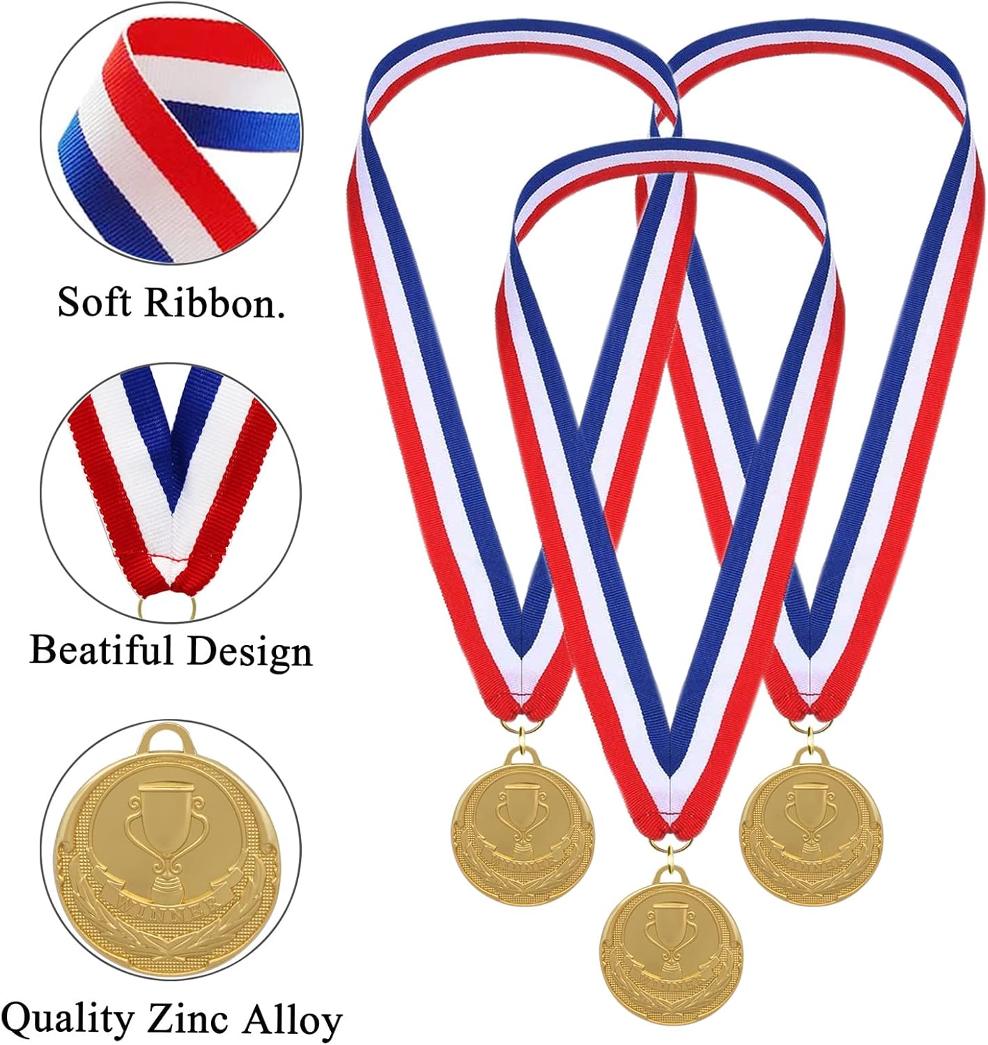 12 Pieces Gold Medals for Awards - Winner Medal Metal with Neck Ribbon Prizes for Kids, Adults, Sports Day, Spelling Bees, Competitions, Party, 2 Inches