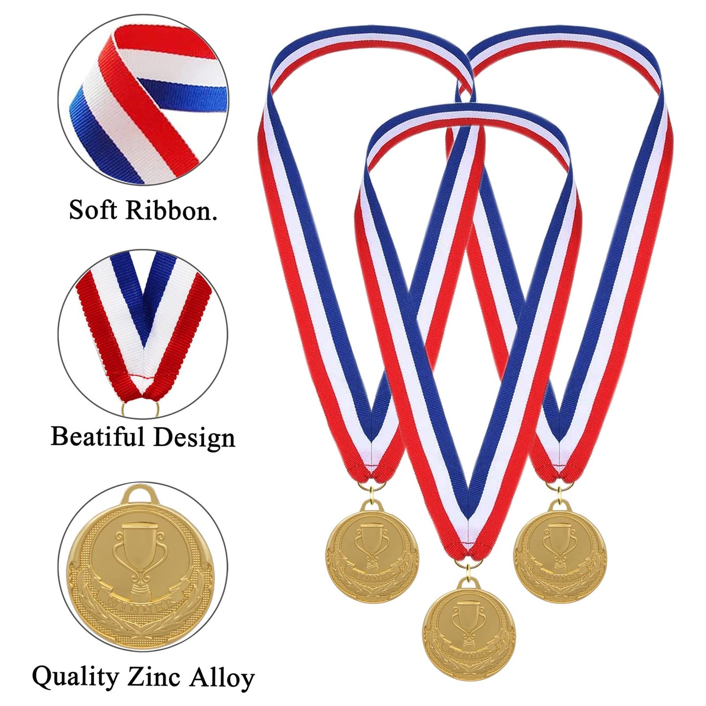 12 Pieces Gold Medals for Awards - Winner Medal Metal with Neck Ribbon Prizes for Kids, Adults, Sports Day, Spelling Bees, Competitions, Party, 2 Inches