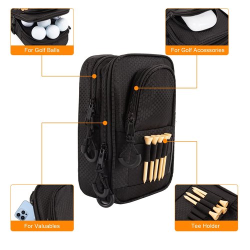 Golf Valuables Pouch & Golfs ball bag organizer with 3 Zippered Pockets,Golf Accessories for Men,Portable Multi Layer Golfs Storage Bags,Carabiner Clip – Store 12-15 Balls,Male and Female Player Gifts