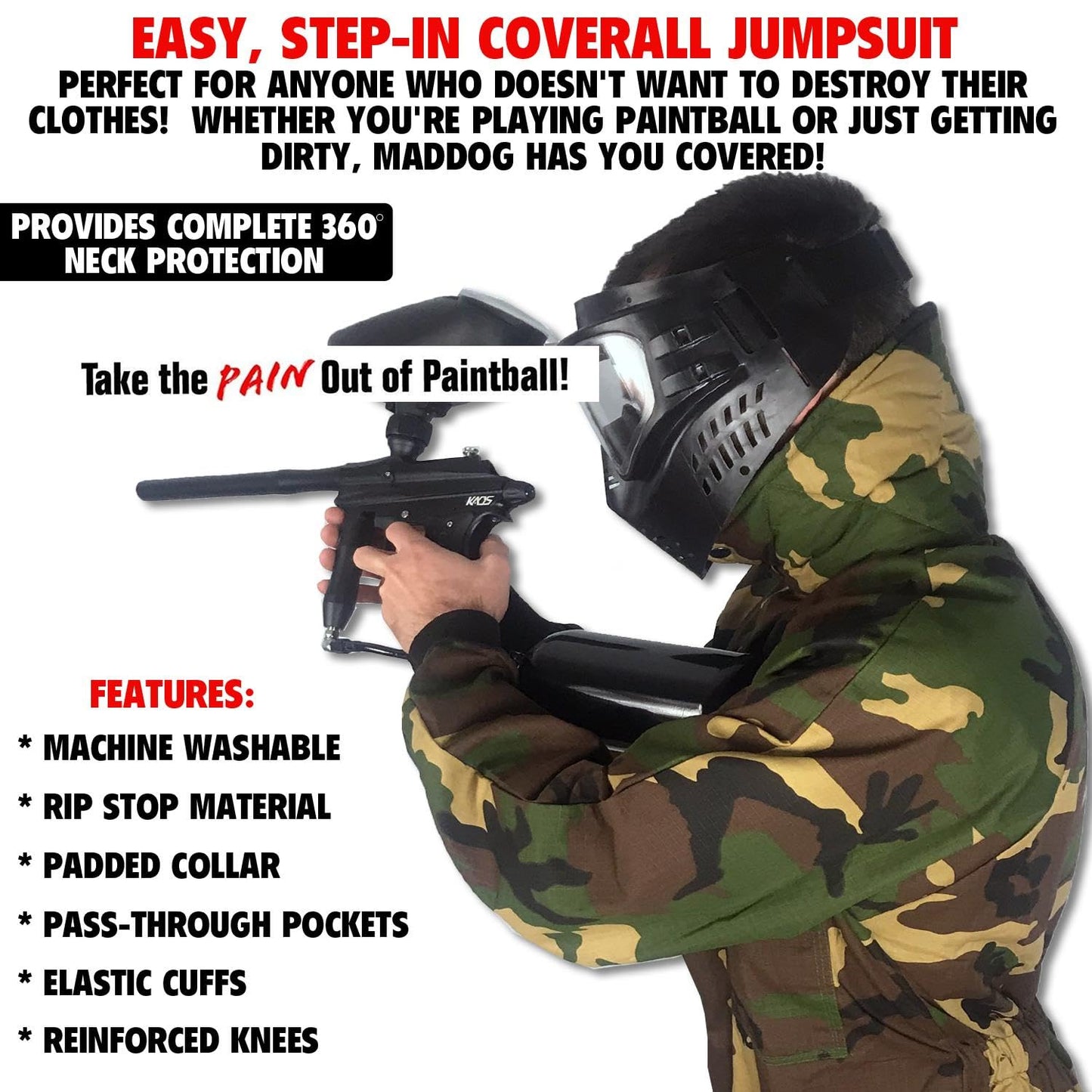 Maddog Durable Ripstop Step-In Coveralls | Full Body Paintball, Airsoft, Mechanic, Outdoor Work Protective Wear Jumpsuit - Camoflauge - X-Small