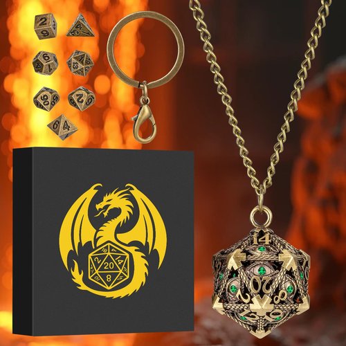 Mini DND Dice Set with Hollow D20 Metal Case Portable Keychain Necklace, Tiny 7pcs Polyhedral D&D Dice Set, DND Gifts with Gift Box, D&D Accessories for RPG（Green Diamond, Bronze）