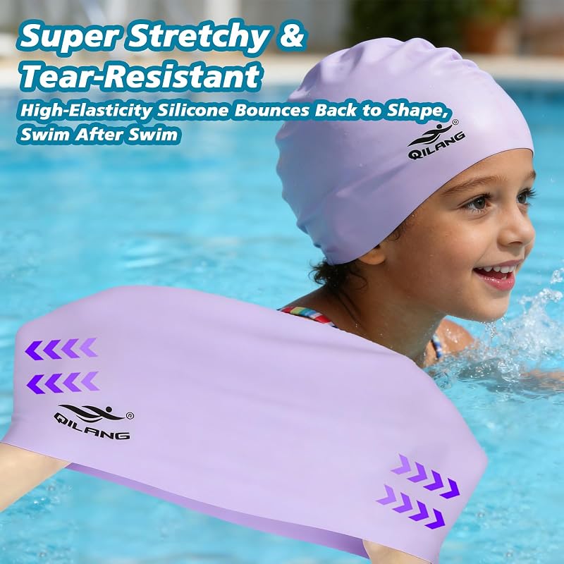 Kids Swim Cap - 100% Silicone Waterproof Hat for Hair Dry, Purple Variation