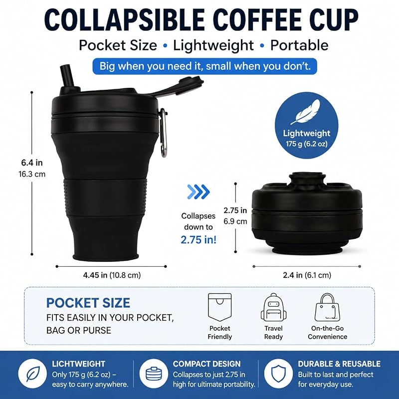 Collapsible 20oz Silicone Coffee Cup with Straw Lid – Black