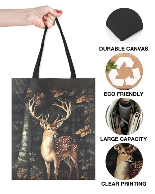 Deer Print Canvas Tote Bag for Women Dark Academia Deer Pattern Reusable Grocery Shoulder Bag for Shopping Travel Work Gym Aesthetic Totes