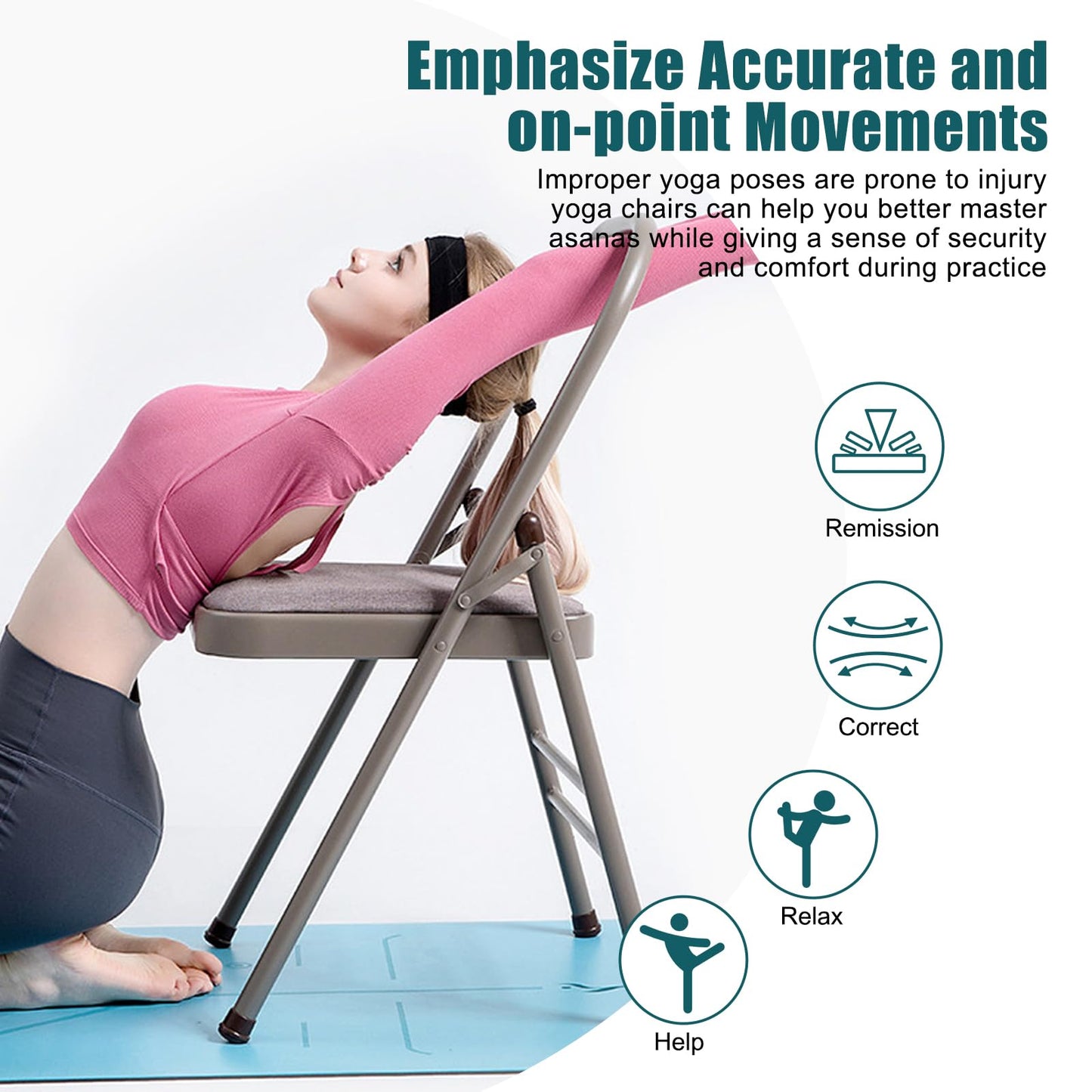 INNOLIFE Yoga Auxiliary Chair Foldable Backless Yoga Chair with Purple Yoga Resistance Band for Abs & Core, Flexibility and Strength Training and Back Pain Relieving (Gray)