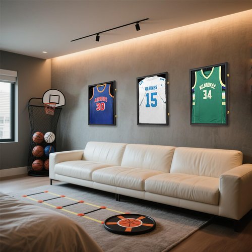 Tieeqe Jersey Frame Display Case-Jersey Display Shadow Box- Lockable Jersey Frame with 2 Wall Hangers and UV Resistant Acrylic-Display Case for Football Baseball Basketball Jersey-Black, Wood