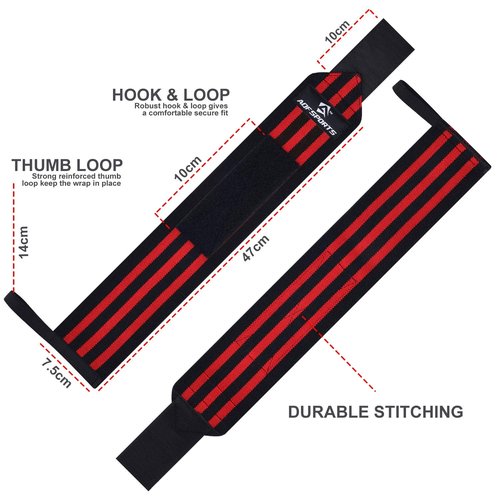 AQF Power Weight Lifting Wrist Wraps Supports with Thumb Loop for Gym Strength Training, Powerlifting, Bodybuilding and Deadlifts (Red & Black, 18")